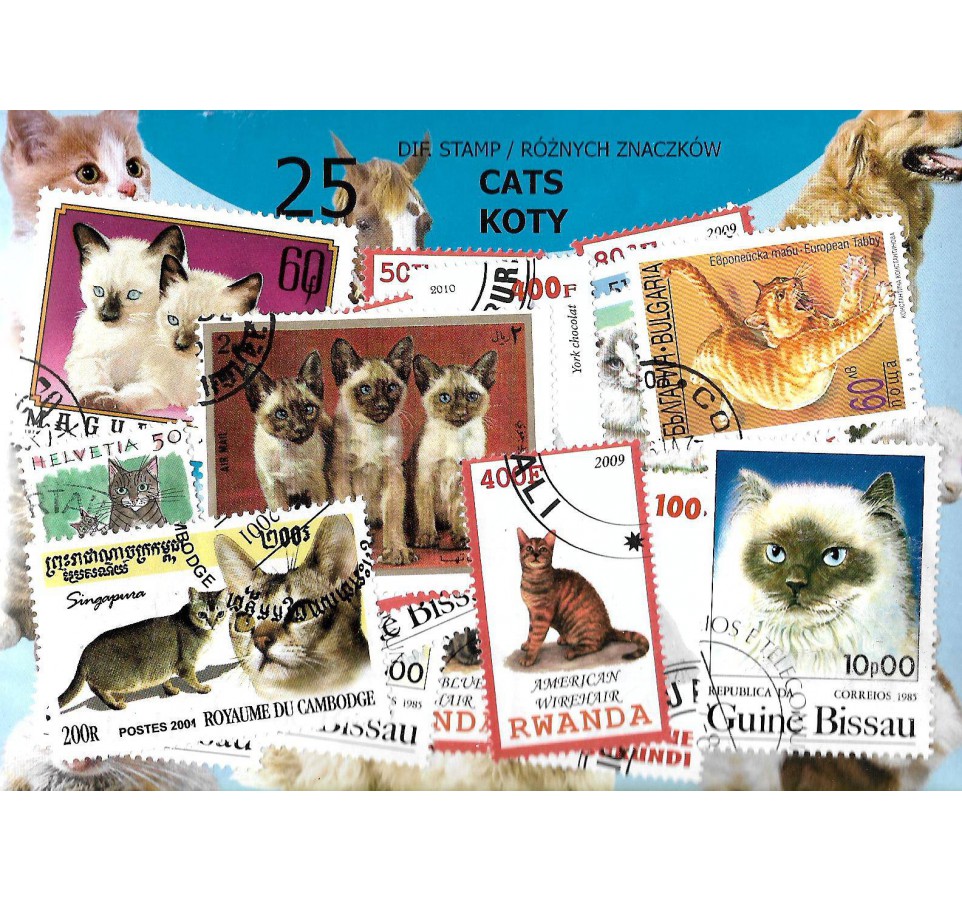 Pakiet filatelistyczny 25 znaczków z kotami