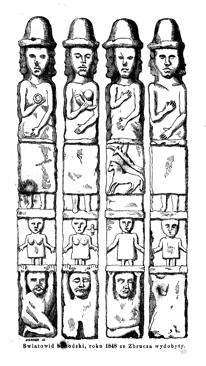 Czarno-biała grafika przedstawiająca wszystkie cztery strony posągu Światowid ze Zbrucza