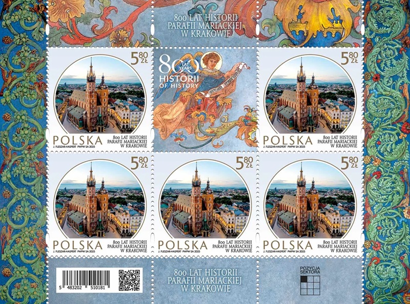 Arkusik ze znaczkiem "800 lat historii Parafii Mariackiej w Krakowie" - Poczta Polska 2025