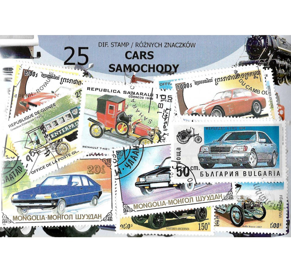 Pakiet filatelistyczny 25 znaczków z samochodami