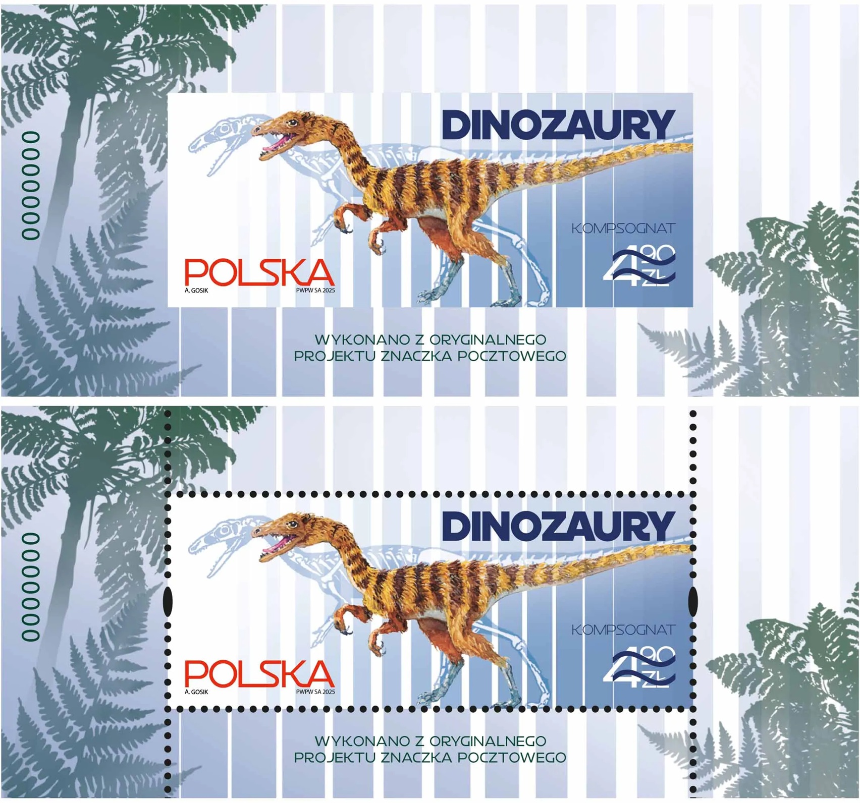 Nowodruki znaczki pocztowe z dinozaurami Kompsognat - Poczta Polska 2025