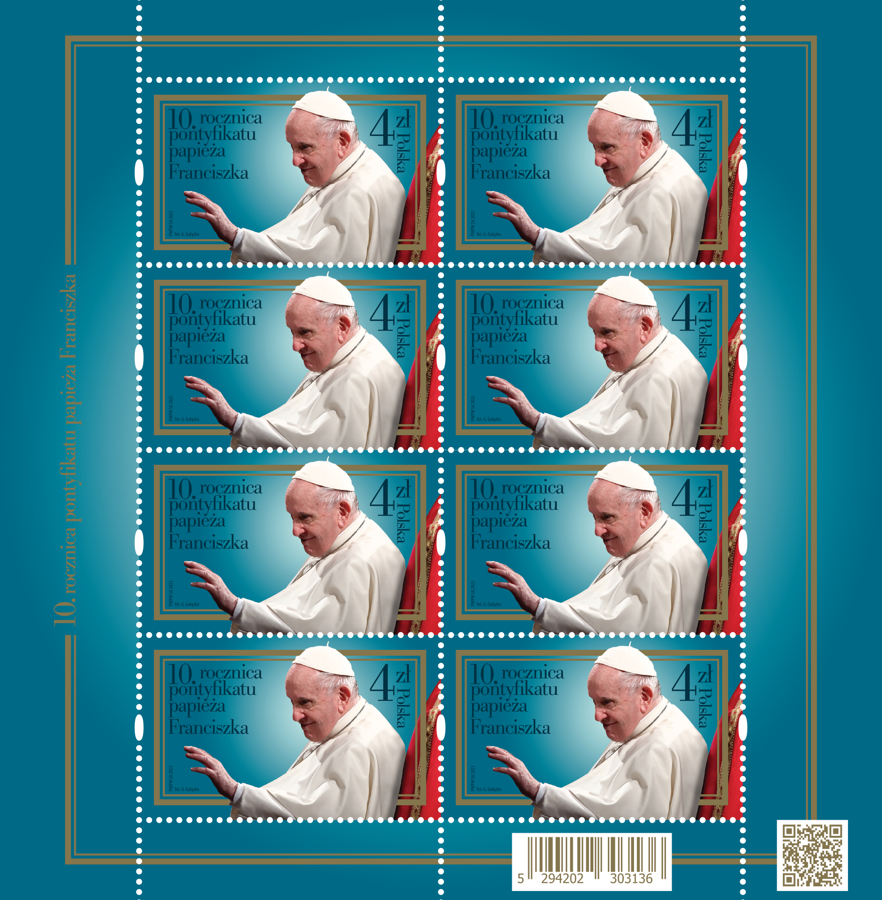 Arkusz znaczków pocztowych z okazji 10. rocznicy pontyfikatu Papieża Franciszka