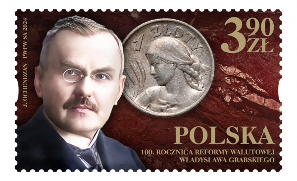 Znaczek pocztowy z 2024 roku wydany w 100. rocznicę reformy walutowej Władysława Grabskiego