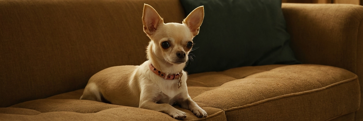 Beżowy pies rasy chihuahua leżący na kanapie